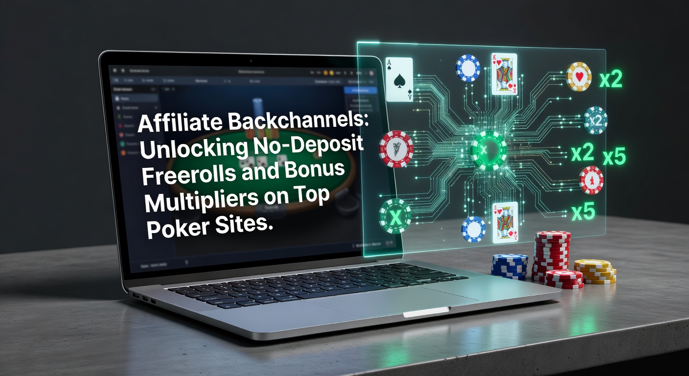 Darstellung eines verschlüsselten Affiliate-Netzwerks mit Pokerchips und Freeroll-Turniertafeln im Hintergrund