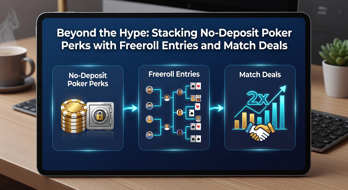 Grafik zeigt ein Strategie-Diagramm mit Pfeilen, die No-Deposit-Boni, Freerolls und Match-Deals verbinden, inklusive Wachstumskurven