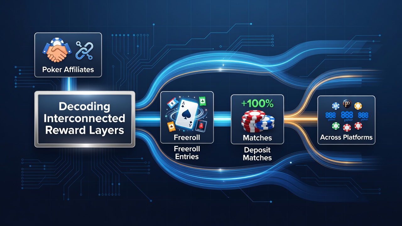 Darstellung vernetzter Belohnungssysteme im Poker mit Affiliate-Verbindungen und Freeroll-Eintritten