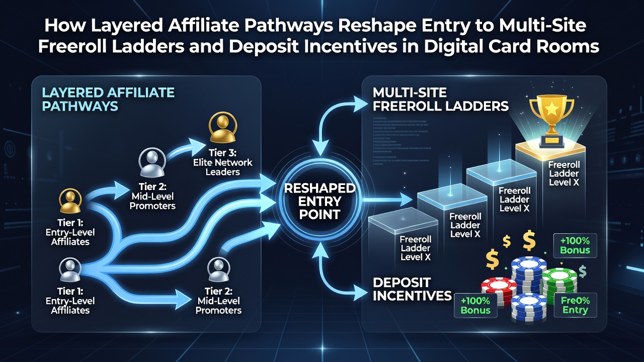 Darstellung gestaffelter Affiliate-Pfade zu Freeroll-Leitern in digitalen Kartenspiel-Umgebungen