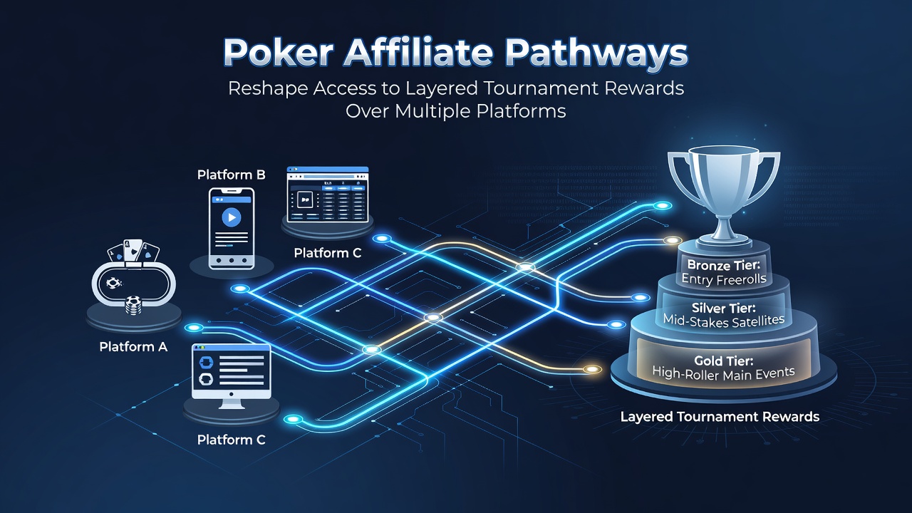 Poker affiliate pathways connecting multiple tournament platforms with layered rewards visualization