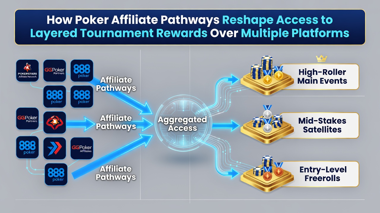 Layered tournament rewards across poker platforms connected via affiliate networks