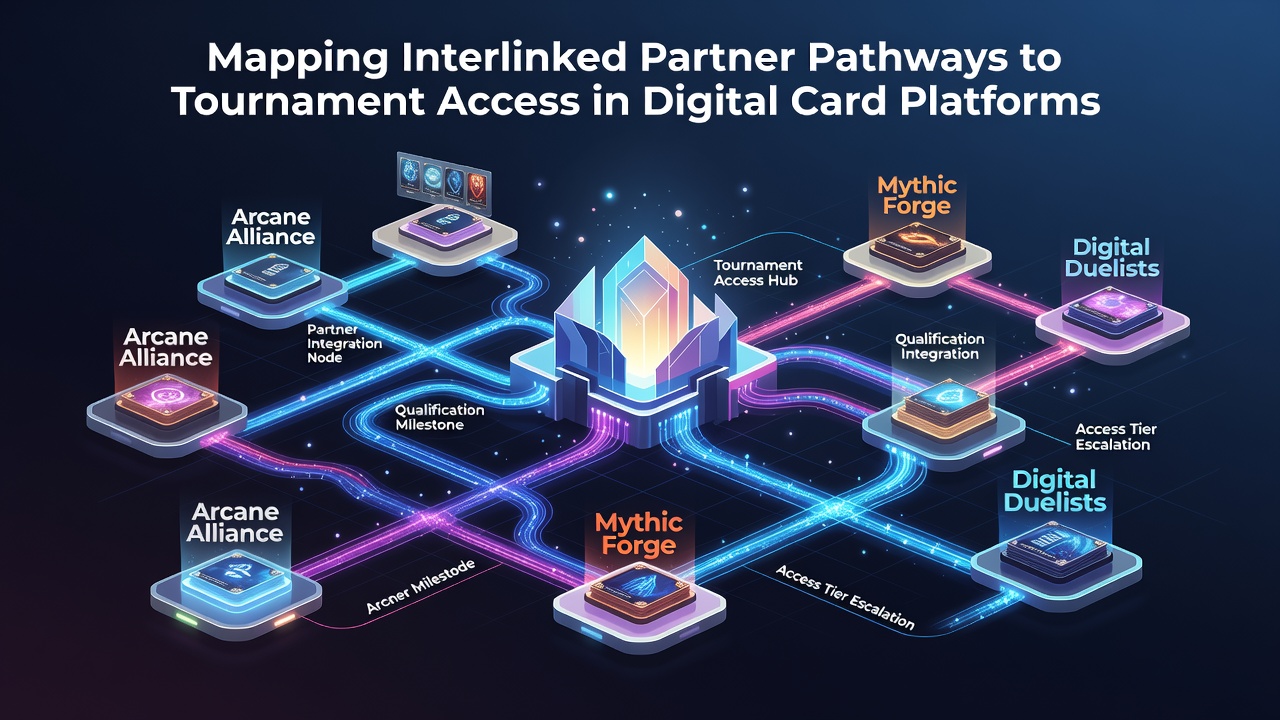 Darstellung vernetzter Partnerpfade in digitalen Kartenspiel-Plattformen mit Fokus auf Affiliate-Strukturen und Turnierzugänge