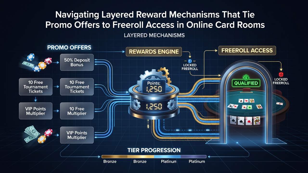 Detaillierte Darstellung von Affiliate-Pfaden und gestaffelten Promo-Angeboten für Freerolls in digitalen Poker-Ökosystemen