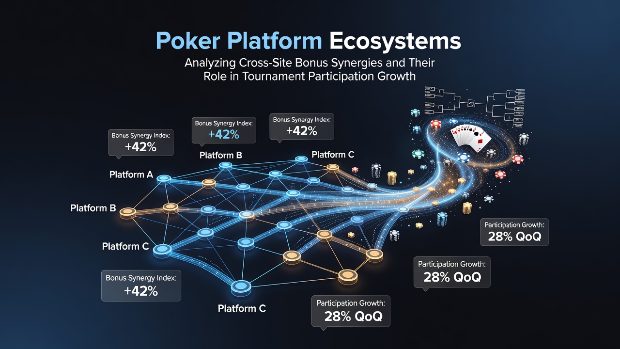 Darstellung eines vernetzten Poker-Plattform-Ökosystems mit Bonus-Strukturen und Turnierabläufen
