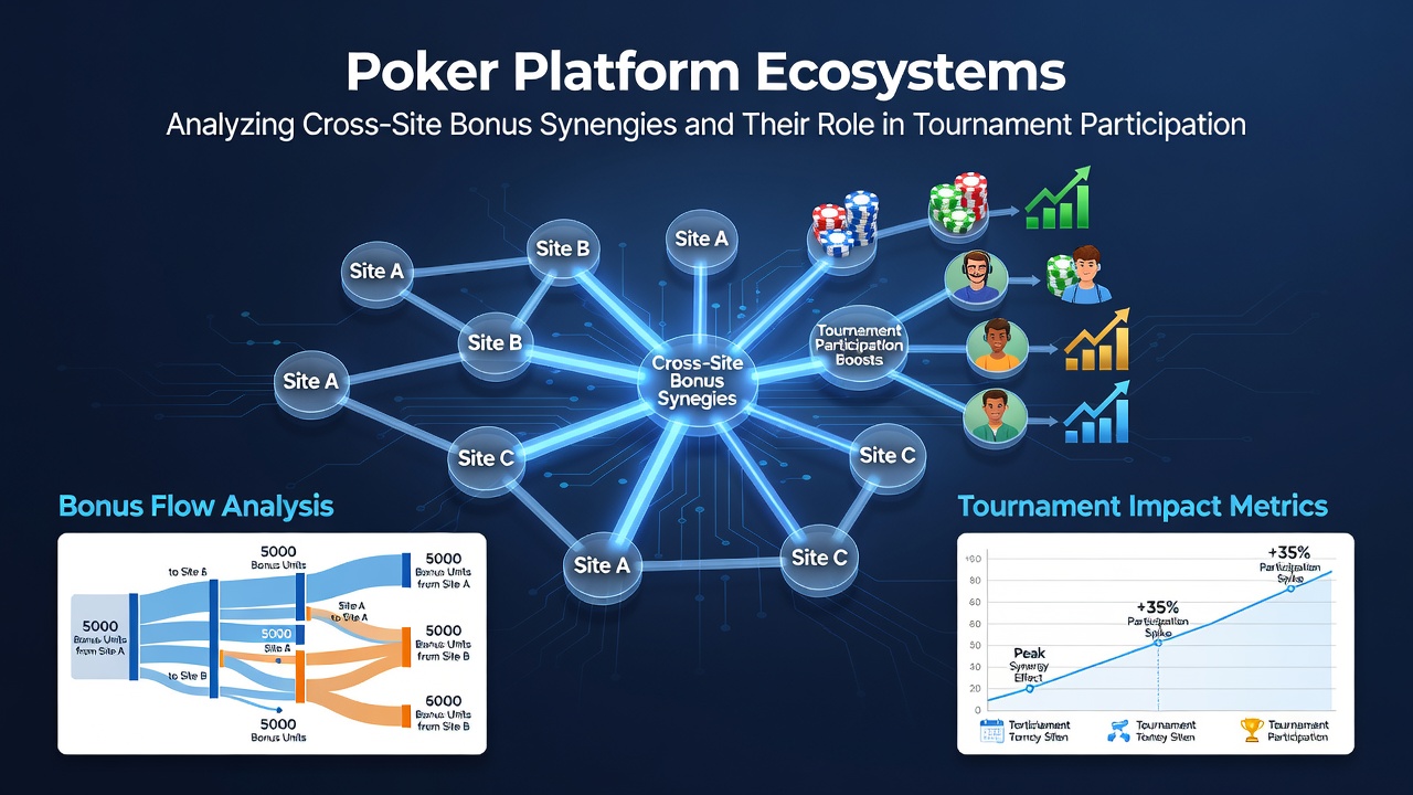 Grafische Übersicht von Bonus-Synergien zwischen mehreren Poker-Plattformen und deren Auswirkung auf Turnierstatistiken