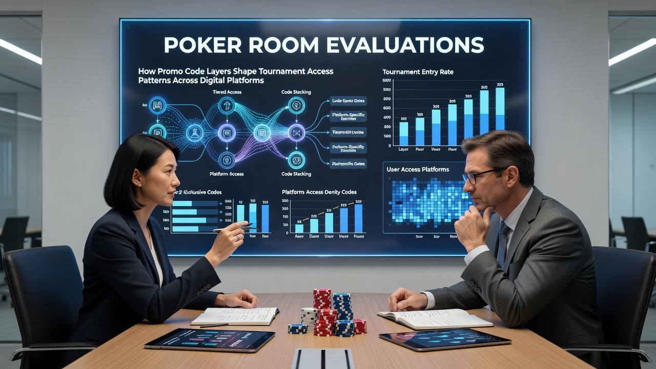 Pokerraum-Bewertungen zeigen grafische Darstellungen von Promo-Code-Schichten und deren Einfluss auf Turnierzugänge