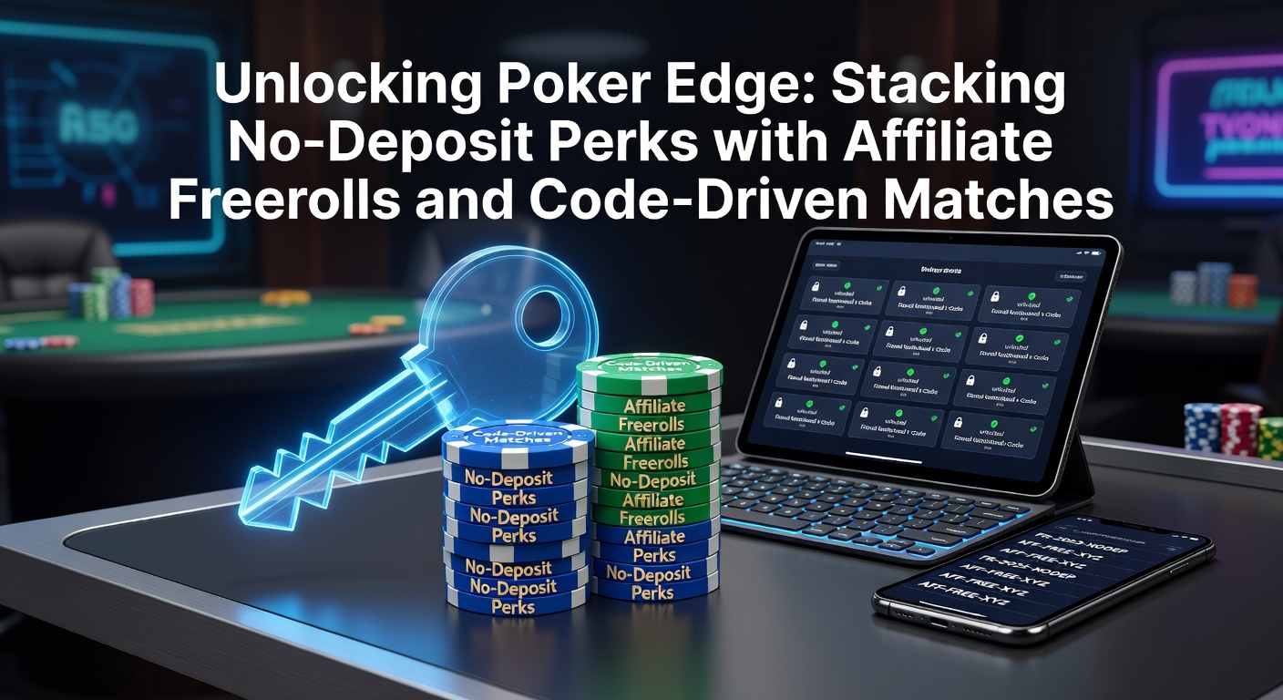 Poker-Spieler am Tisch mit Chips und Bildschirmen, die Boni und Freerolls anzeigen